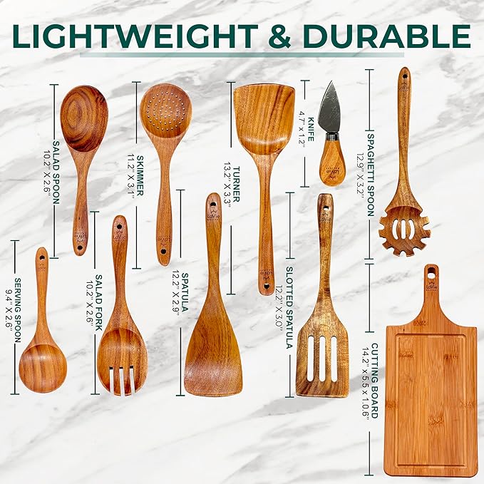 Teak Wooden Cooking Spoons Set -10-Piece Nonstick Cookware - Handmade Wooden Teak-Bamboo Charcuterie Board With Knife - Wooden Kitchen Utensils, Ideal Gift Set For Weeding,Birthday