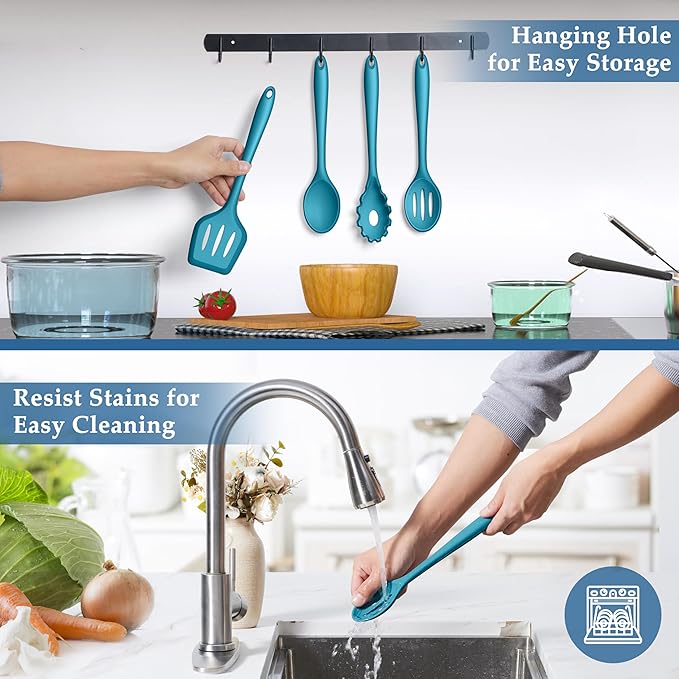 LIANYU Kitchen Silicone Cooking Utensils Set, 4Pcs Nonstick Cookware Utensils with Turner, Spoon, Pasta Server for Stir Frying, Serving, Mixing, Heat Resistant, Dishwasher Safe, Blue