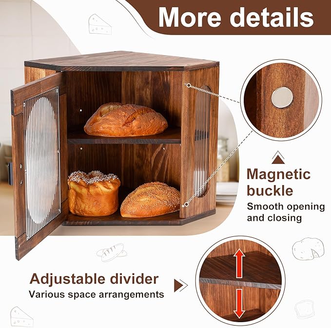 Sunhoo Bread Box for Kitchen Countertop Corner Bread Storage Wooden Breadbox Container 2 Layer Bread Holder Keeper Large Farmhouse Bread Bin Shelf for Homemade Pantry Vintage Acrylic Window(Brown)