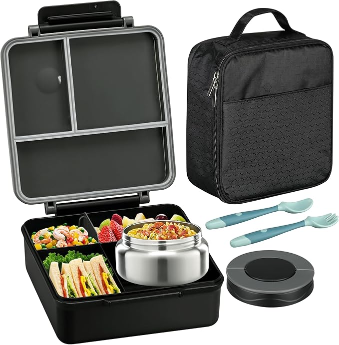 Itslife Bento Lunch Box for Kids with 8oz Soup Thermo&Lunch Bag, Leak-Proof Lunch Food Containers with 4 Compartment, Hot Food Insulated Food Jar for Kids School (Black)