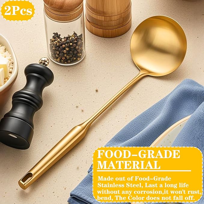 Soup Ladle, 2Pcs Stainless Steel Ladle spoon, 14 Inch Serving Spoon Heavy Duty kitchen Utensils for Cooking Buffet, Party, Kitchen, Gold