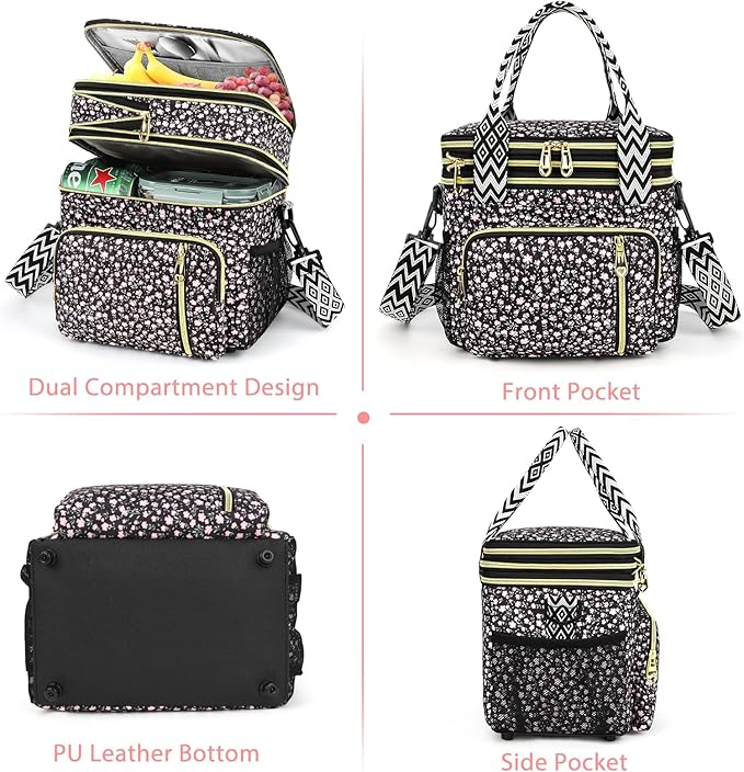 LOKASS Lunch Box for Women-16L-Insulated Lunch Bag Women, Expandable Double-layer Leakproof Cooler Bag with Upgrade Adjustable Shoulder Strap Ideal for Work/Travel/Picnics（Black Flower）