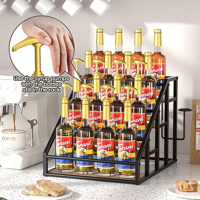 Coffee Syrup Rack Organizer, Spice Racks, Syrup Bottle Holder Stand for Coffee Bar, 4-Tier 16 Bottles Storage Shelves for Syrup, Wine, Dressing for Kitchen Countertop, Rustic Brown & Black
