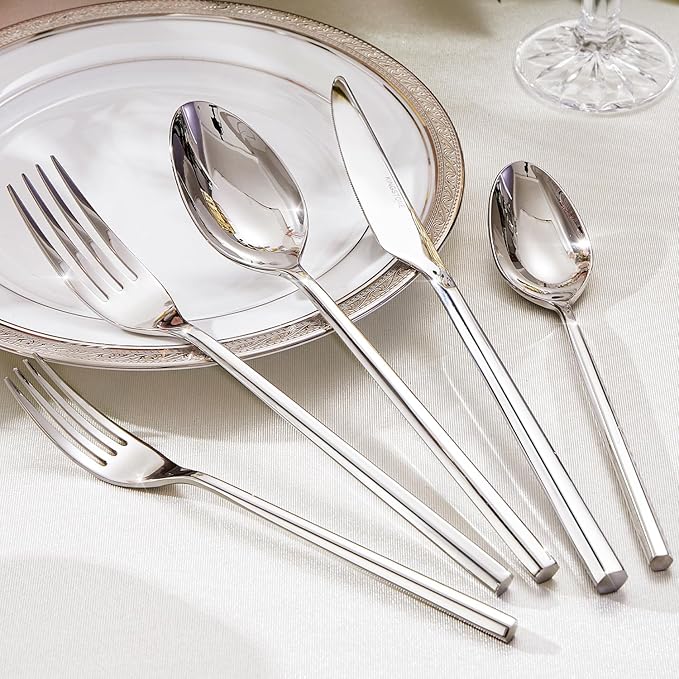 KINGSTONE 10-Piece Silverware Set, 18/10 Stainless Steel Flatware Cutlery Set with Hexagon Handle, for Hotel, Home, Party, Wedding Gift, Mirror Polish and Dishwasher Safe