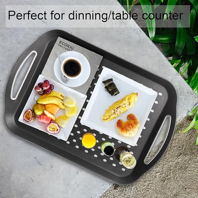 Larger Nonslip Food Serving Tray, 17.9'' x 12'' Grippy Handles Surface Bottom Design, Perfect Trays for Eating, Lap, TV, Couch, Black, Set of 2