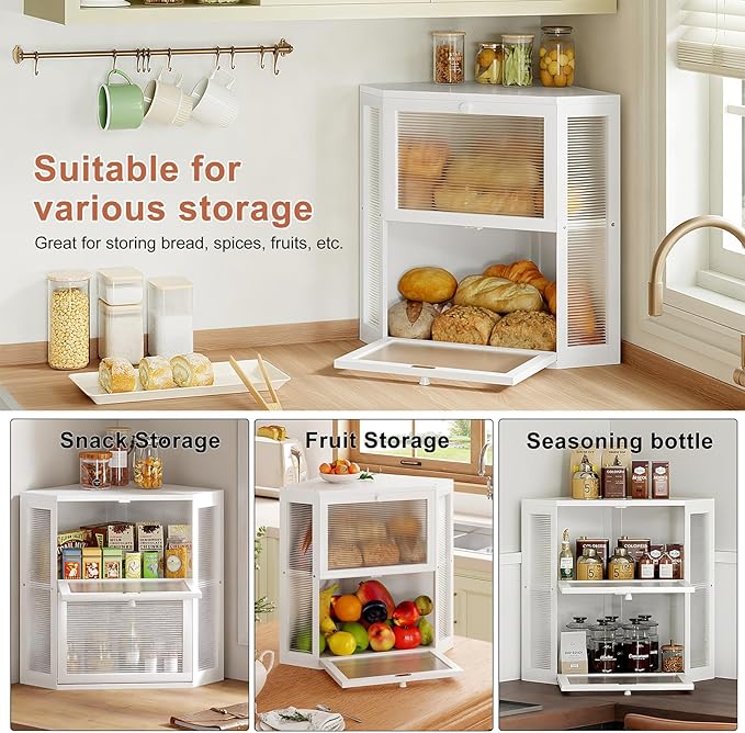 WOWLIVE Corner Bread Box for Kitchen Countertop, Double Layer Bamboo Bread Storage Container, Large Farmhouse Bread box with Acrylic Wavy Door Panel, Under Cabinet Organizer (White, Extra Large)