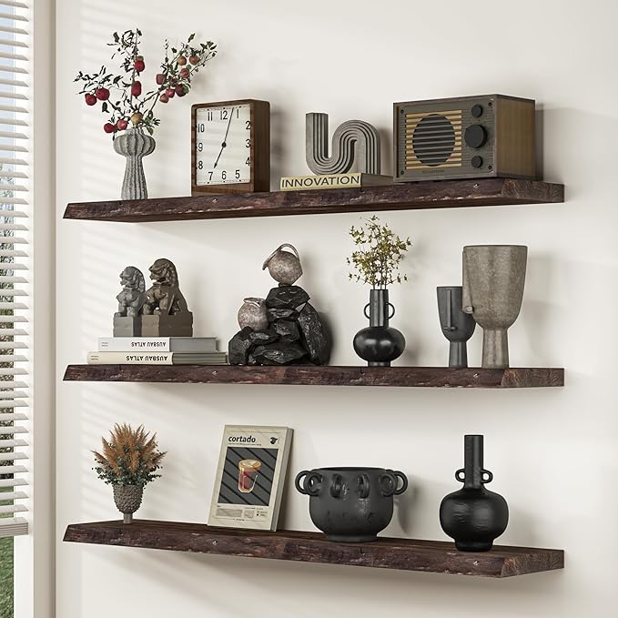 Fun Memories Floating Shelves for Wall Decor, Rustic Solid Elm Wood Live Edge Floating Shelves Wall Mounted, Heavy-Duty Shelf with Invisible Bracket for Living Room Kitchen, 48 Inch Set of 1, Walnut