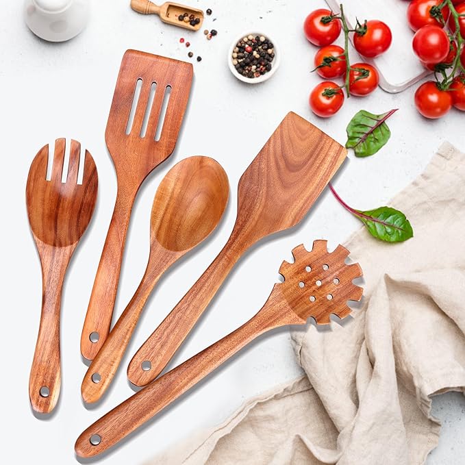 5 Pcs Best Wooden Spoons for Cooking Kitchen Utensil Set Teak Wood Spatula Slotted Spatulas for Nonstick Cookware Pasta Spoon Salad Fork & Spoons Non Toxic Wooden Utensils BPA Free