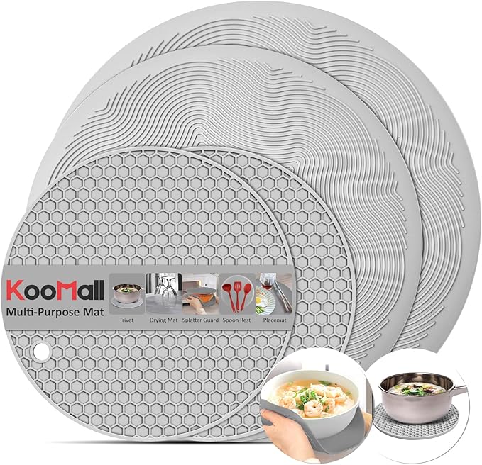 4 in 1, KooMall Trivets for Hot Dishes Pots and Pans & Multi-Purpose Microwave Mat, Silicone Hot Pads for Kitchen Counter, Quartz Countertop Hot Plates Protectors, Heat Resistant, Gray 12'' 10'' 7''