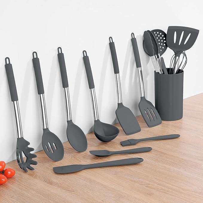 Onader Kitchen Cooking Utensils Set of 15, Silicone and Stainless Steel Utensils Spatula Set with Holder, Heat Resistant & Dishwasher Safe - Grey