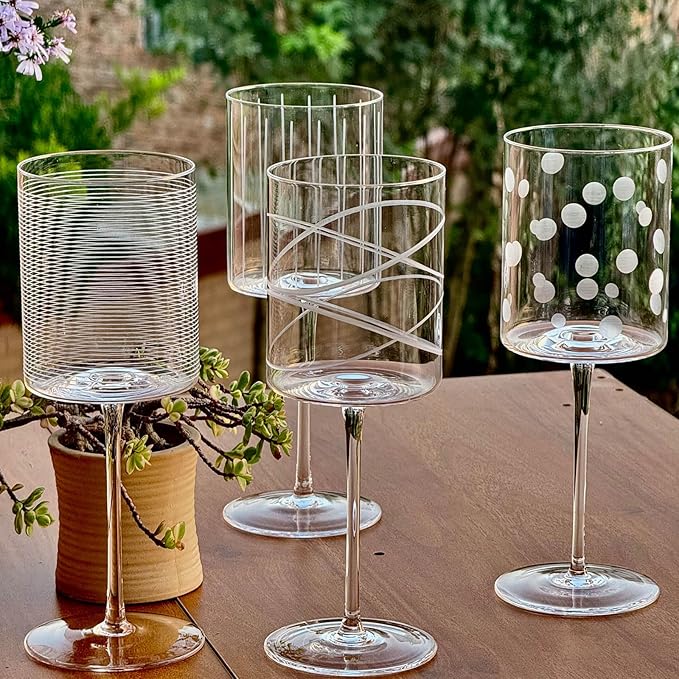 Wine Glasses Set of 4-16oz Cylindrical Red White Wine Glass, Made from Lead-Free Premium Crystal, Great Gift for Wedding, Anniversary, Christmas, Birthday, 9’’ Tall, etched