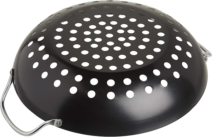 TableCraft BBQ Metal Handle 13-Inch Non Stick Coating Round Grilling Wok, Small, Black