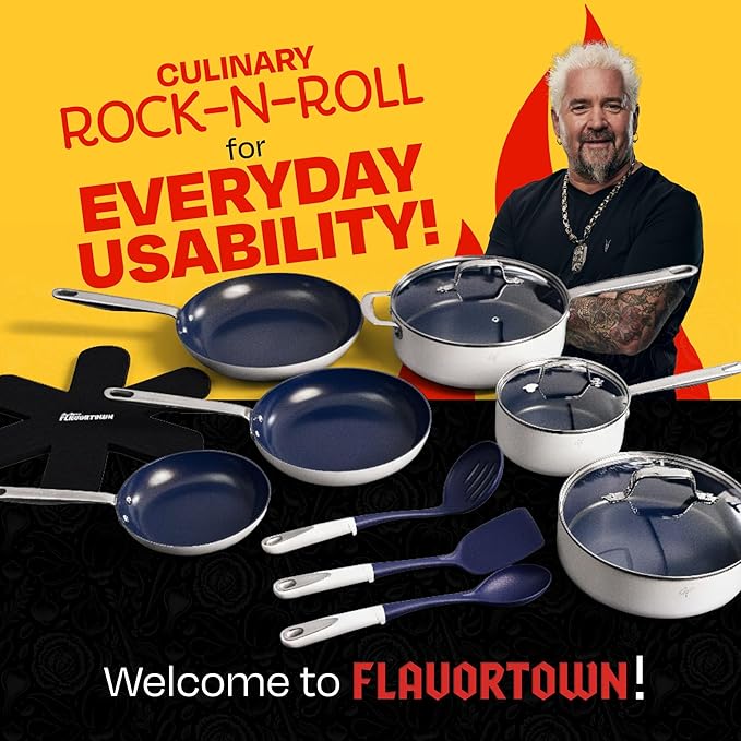 Guy Fieri's Flavortown 15-Piece Ceramic Cookware Set, Nonstick Pots and Pans for Cooking, Easy-Clean Kitchen Cookware, Made without PFAS PTFE PFOA, Induction Compatible, Dishwasher Safe, Blue & White