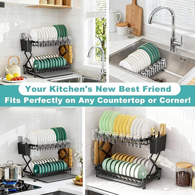 2-Tier Dish Racks for Kitchen Counter, Stainless Steel Kitchen Dish Drying Rack Large Dish Drainers for Kitchens Counter, Space Saving Dishes Strainer for Bowl, Plate, Cup - Modern Counter Organizer