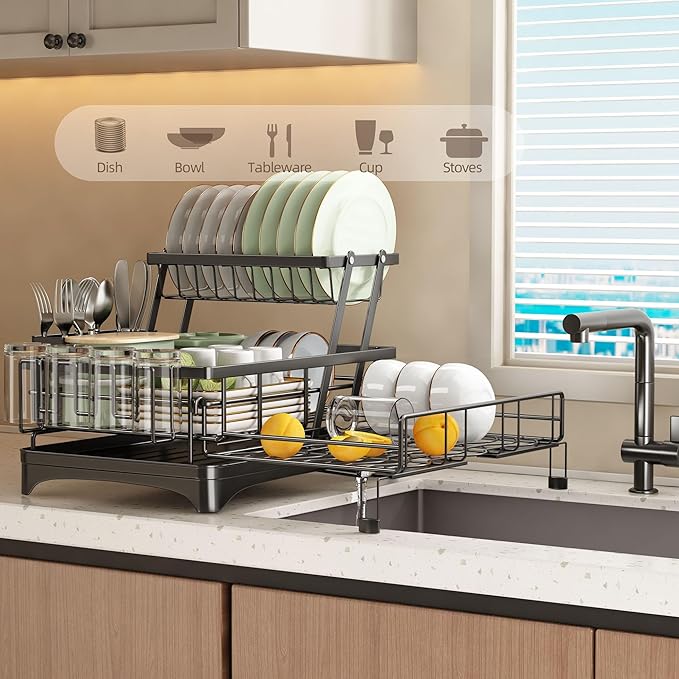 NETEL 2 Tier Dish Rack, Extendable Dish Drying Rack, Dish Drainer for Kitchen Counter, Dish Strainer with Utensil Holder & Cup Holder, Over The Sink Dish Drying Rack with Automatic Drainage System