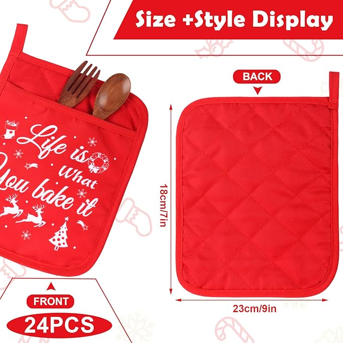 24 Pieces Christmas Pot Holders with Pocket Red Pocket Pot Holder Kitchen Hot Pad Oven Mitts Farmhouse Hot Potholders Cookie Bag Kitchen Cooking Baking