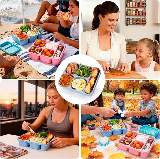 Bento Box Adult Lunch Box 5 Compartment Snack Containers for Kids, Stackable Lunch Containers Food Storage Box- Reusable Snack Container Box for School, Work, Travel, BPA-Free (4 Pack)