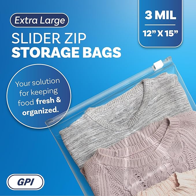 100 Count - Slider Zip 2 Gallon Jumbo Food Storage Bags, 12" x 15" 3 Mil Heavy Duty, Extra Large, Strong & Durable For Freezer Storage. GPI