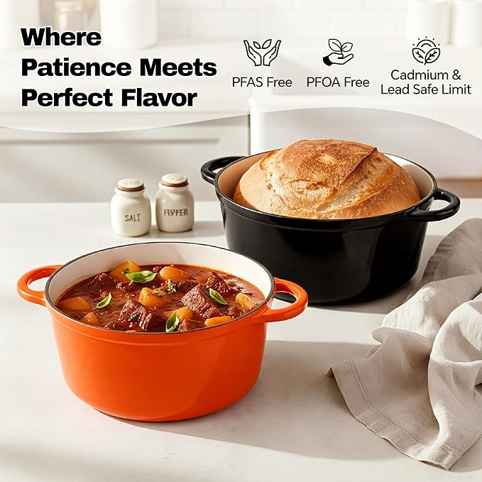 6 Quart Dutch Oven Pot with Lid, Non Stick Enameled Cast Iron Dutch Oven for Bread Baking, Heavy-Duty, Oven Safe Ceramic Cookware Up to 500°F for Baking, Braising, Stews, Roasting, Black