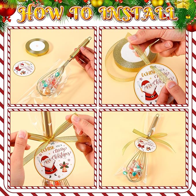 24 Sets 10 Inch Christmas Whisk Gifts Bulk Include Gold Stainless Steel Whisks Cards Bags Ribbons, Egg Beaters DIY Cooking Party Favors for Neighbor Employee Xmas Stocking Stuffers Idea
