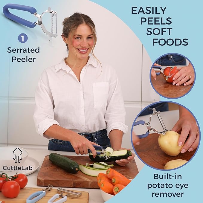 Vegetable Peeler Set – Serrated, Straight & Wide Blades- great apple peeler & potato peelers, Carrots, Zucchini, Cucumbers – Soft Grip Handle- Eye Remover – Dishwasher Safe (3, Farmhouse)