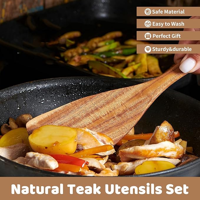 8 PCs Teak Wooden Utensil Set with Hooks, Wooden Spoons for Cooking, Wood Cooking Utensils Set, Comfort Grip, Non Stick Cookware, Easy to Clean, Kitchen Stuff, Wood Spatula