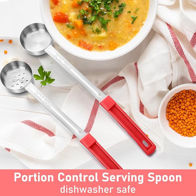 2 Pcs Portion Control Serving Spoons, Restaurant Measuring Serving Ladle Utensils, Portion Spoons for Weight Loss, Kitchen(Red,2 oz,Solid and Slotted)