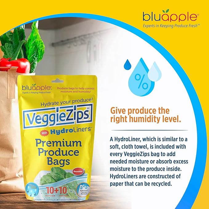 Bluapple Produce Saver Ethylene Gas Absorber & VeggieZips Ultimate Value Pack Produce Storage Preservation Kit - Keeps Fruit & Vegetables Fresher Longer, Regulates Humidity, & Reduce Waste