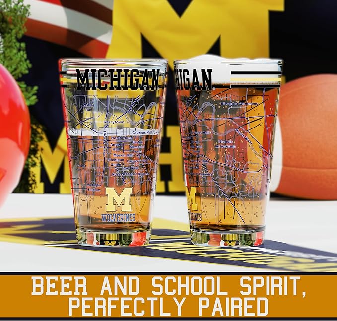 Greenline Goods – University of Michigan Wolverines College Pint Beer Glasses (Set of 2), 16 oz – Full‑Color Logo + Campus Map