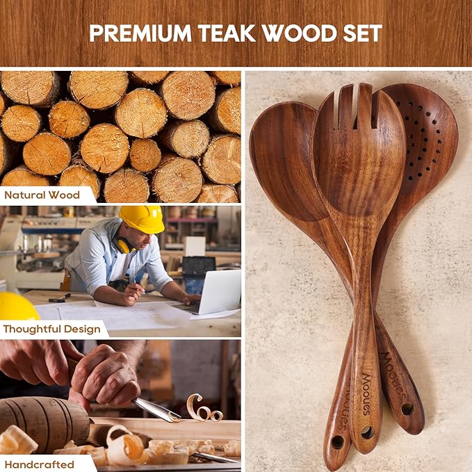 Wooden Spoons for Cooking, 10PCS Teak Wood Cookware Utensil Set with Hooks - Smooth Finish, Non-Stick, Comfortable Grip, Heat Resistant Kitchen Utensils