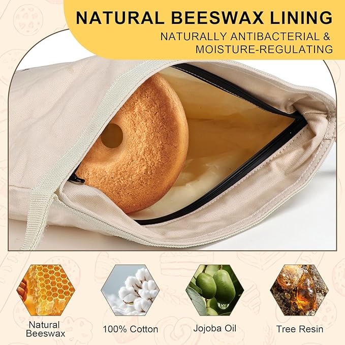 2 Pack Beeswax Bread Bags for Homemade Bread, Large Linen Reusable Bags with Zipper Eco-Friendly Food Storage for Sourdough, Sandwich, Baguette