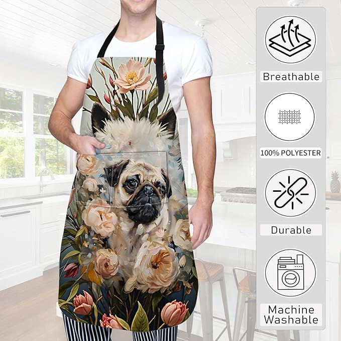 Pug Floral Apron,Oxford Fabric Adjustable Kitchen Apron with 2 Pockets,Waterproof Cooking Aprons for Men Women Mom Wife Dad,Ideal Gifts for Coffee House,Shop,Baking,BBQ,Housewarming,28x33in