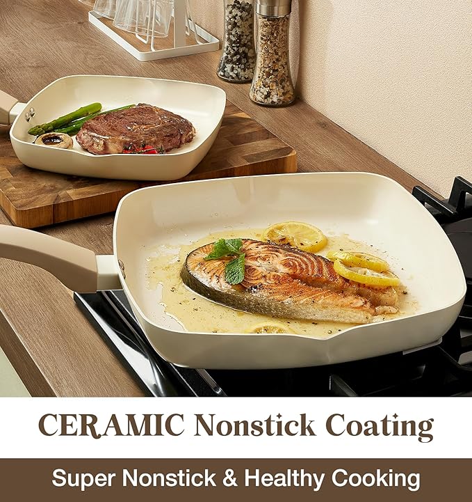 KOCH SYSTEME CS Nonstick Grill Pan for Indoor Cooking, 9.5 Inch Ceramic Square Frying Pan with Lid, Versatile Nonstick Griddle Pan for Stove Tops, Induction Compatible, Toxic-Free, Cream White