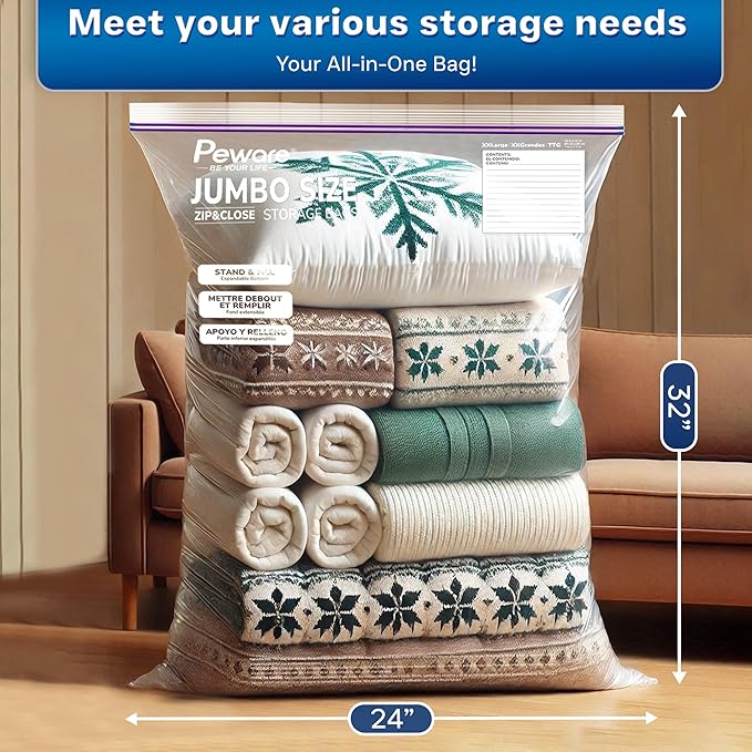 Jumbo 20 Gallon Size Zip Bags with Double Zippers, Clear Plastic Storage Bags for Household and Travel Use, Clothes and Toys, Large Assorted Sizes for Moving and Organization 24"x32" [15 COUNT]