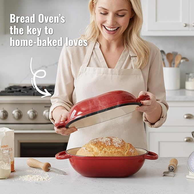 5 QT Oval Dutch Oven for Bread Baking, Enamelled Cast Iron Bread Oven for Sourdough, Sourdough Loaf Pan with Lid, Heavy-Duty Non Stick Bread Pan for Homemade Bread Baking, Red