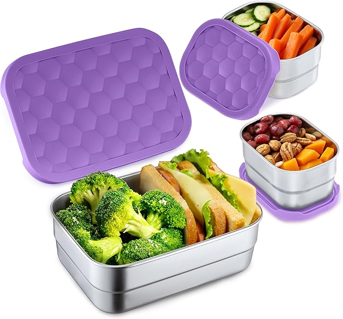Homikit 3 Pack Kids Lunch Box Set, 18/10 Stainless Steel Bento Boxes with Silicone Lids Leak Proof, 5 Cups Reusable Metal Food Snack Containers for School Daycare, Nontoxic & Dishwasher Safe, Purple