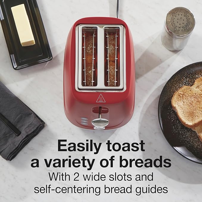 Proctor Silex Plastic 2 Slice Toaster, Bagel, Defrost & Cancel Buttons, Browning Control With 7 Shades, Auto Shutoff, Slide-Out Crumb Tray, Red (22661)