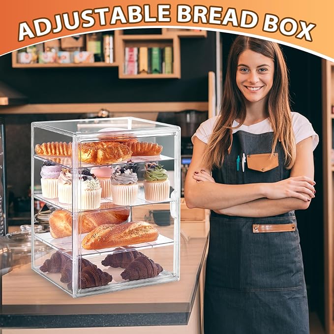 Pastry Display Case, Large Bread Box for Kitchen Countertop, 4 Layers Adjustable Bakery Display Case, Clear Breadbox for Baked Goods Cookie Dessert Cupcake Kitchen Counter, 2 Pack