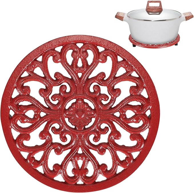 Sumnacon Cast Iron Trivet 6.7 Inch Iron Trivet for Hot Dish Pot Pan Plate Teapot,Heat Resistant Cast Iron Trivets with Rubber Feets for Kitchen Dining Table Cooktop Stove,Retro Red