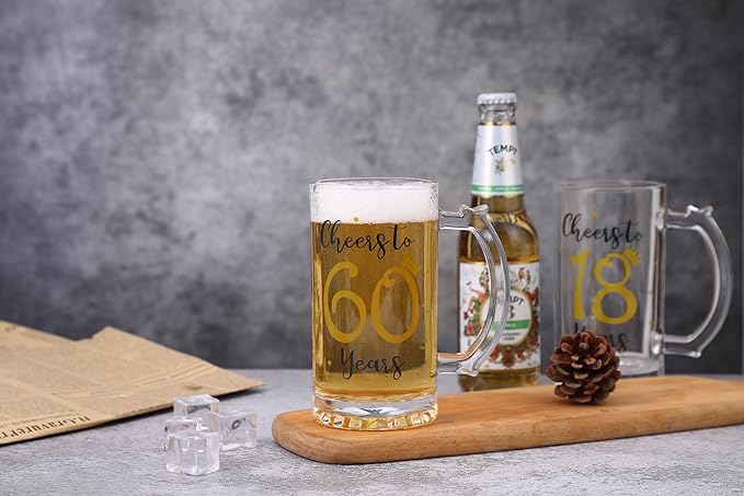 60th Birthday Gift，Men and Women Cheering 60th Birthday Beer Mugs，Cheers to the 60th Anniversary Beer Glass，60th Birthday Party Wedding Anniversary Decorative Gift, 18 Ounce (Cheers to 60 Years)
