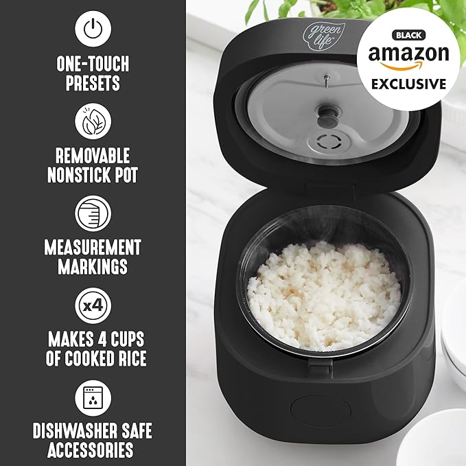 GreenLife Digital Rice Cooker, 2-Cups Uncooked/4-Cups Cooked, Removable Nonstick Ceramic PFAS-Free Pot, One-Touch Presets, Oats, Quinoa, Brown Rice, Auto Keep Warm, Fuzzy Logic Tech, 1.5QT, Black