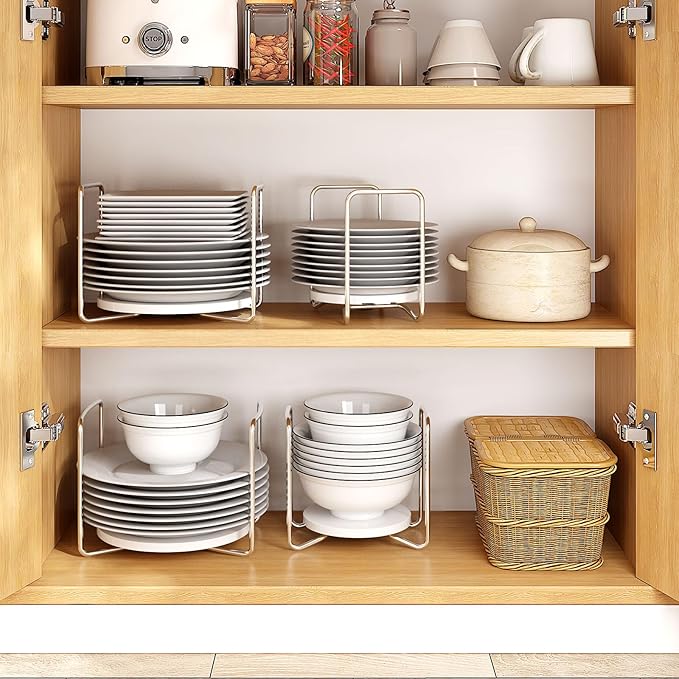 Dish Rack for Kitchen Countertop Organizer - Bamboo Plate Organizer for Cabinet Space Saver, Adjustable Stainless Steel 304 Plate and Bowl Holder with Portable Handle for Drawer Cupboard Shelf RV