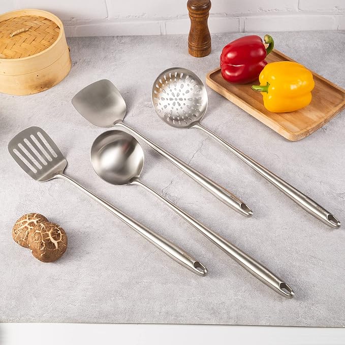 17” Wok Spatula and Ladle, Skimmer Spoon, Slotted Spatula - 304 Stainless Steel Kitchen Utensils Set, 4-Pieces Extra Long Handle Cooking Tools, All Metal Chinese Wok Utensils and Wok Accessories