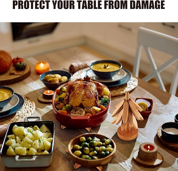 Wooden Trivets for Hot Dishes, Tree-Shaped Wooden Trivet Set, Includes 4 Trivets with Stand, Beech Wood (Walnut)
