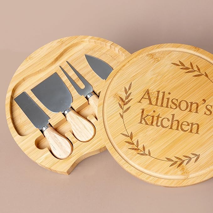 Custom engraved luxury charcuterie board & knife set/4pcs, personalized cheese chopping serving tray for fruit, food, dessert for table decoration, personalized gift for host (Your text inside leaves)