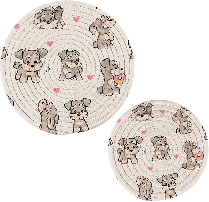 Kitchen Trivets Pot Holders Set of 2, Cute Schnauzer Hearts Trivets for Hot Pots Dishes Woven Trivet Coaster Pad Mat for Counter