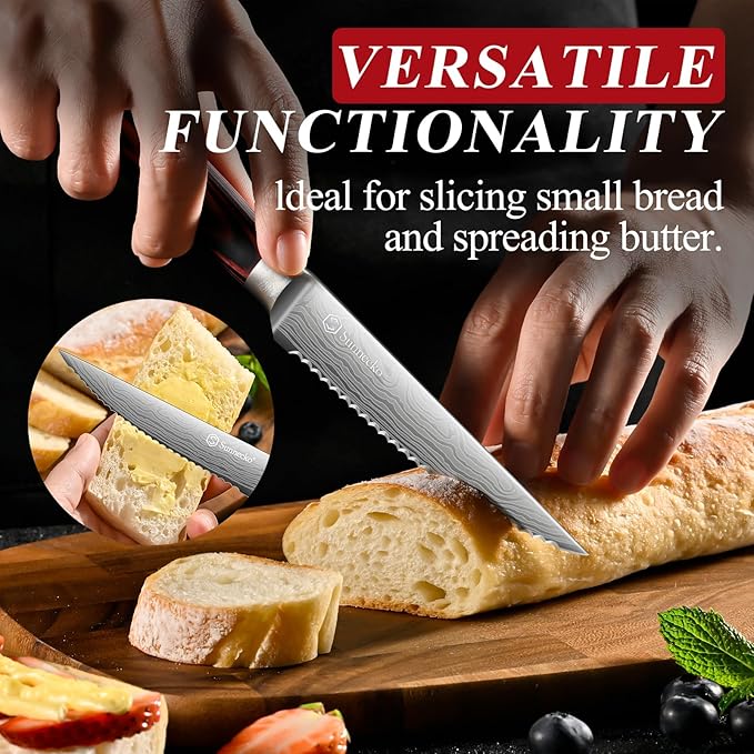 Sunnecko Steak Knives Set of 6,Premium Stainless Steel Serrated Steak Knife Set,Pakkawood Handle 4.5 Inch Kitchen Steak Knife with Gift Box