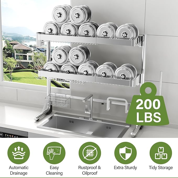 Over The Sink Dish Drainer Drying Rack 3 Tier, Full Stainless Steel Dish Drying Rack Adjustable Length 20.9''-37.4'', Kitchen Sink Shelf, Organized Space-Saving Dish Rack