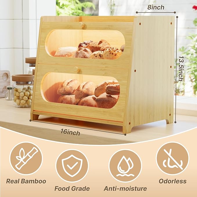 Double Layer Bamboo Bread Box for Kitchen Countertop, Large Capacity with Window Breadbox, Farmhouse Bread Storage Container, Fits Corner, Cabinet, Pantry