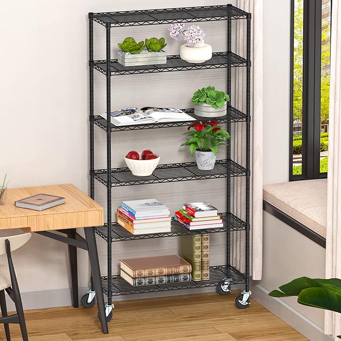 6 Tier Storage Shelves with Wheels Heavy Duty Wire Rolling Shelving Rack Organizer Garage Metal Steel Unit Adjustable Utility Commercial Sturdy Shelves for Kitchen Pantry Bathroom Closet Laundry